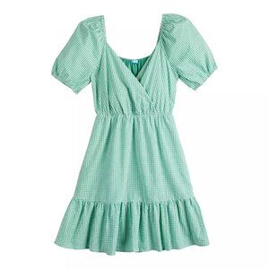 Women's Puff-Sleeve Surplice Dress gingham spring summer wrap front Small ruffle